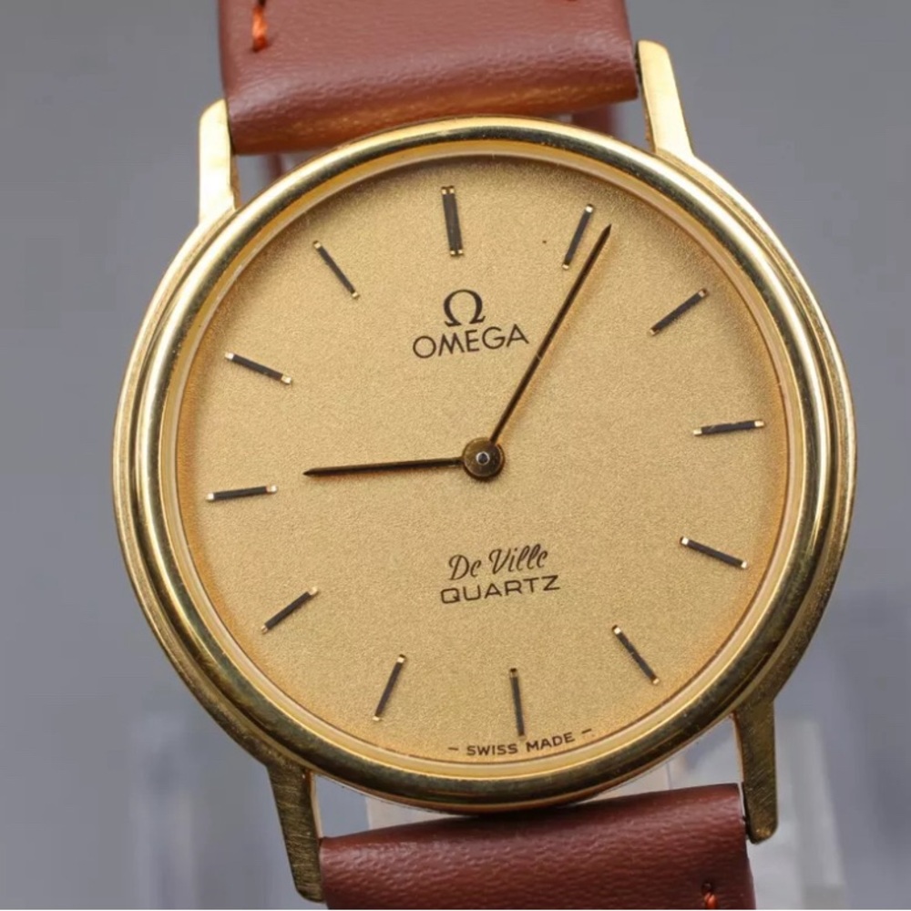 Omega Gold Dial De Ville Quartz Watch with Brown Strap